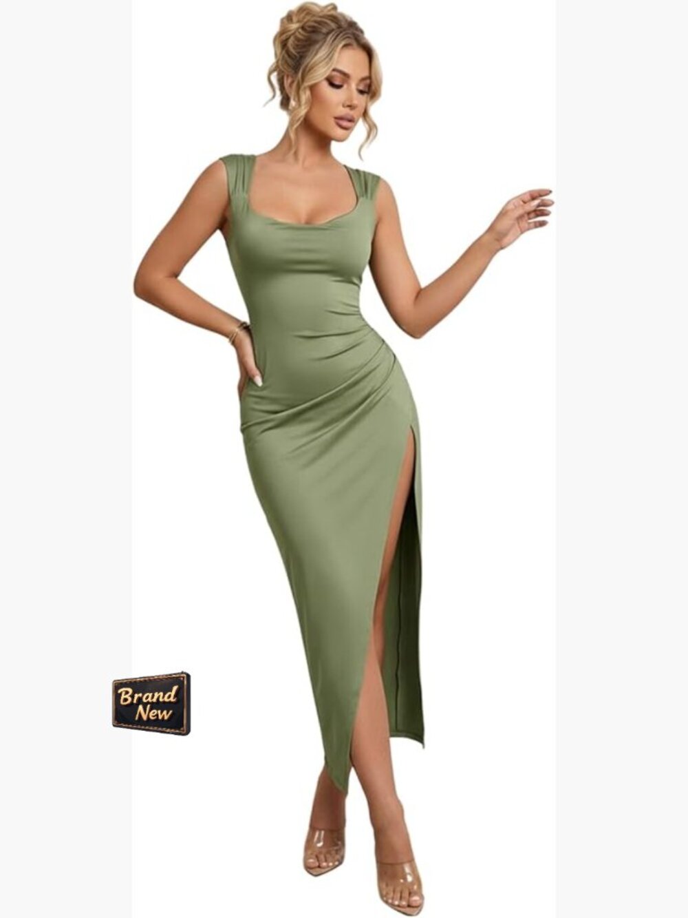 Backless Ruched Bodycon Dress High Slit Scoop Neck Bow Tie Midi Formal Prom - Picture 1 of 5